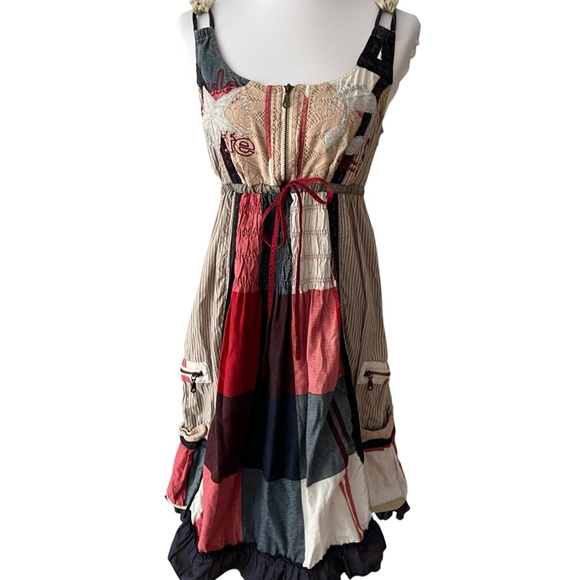 Desigual Dress Medium Patchwork Babydoll Jumper Cottage Crochet Boho Overalls - Picture 3 of 17